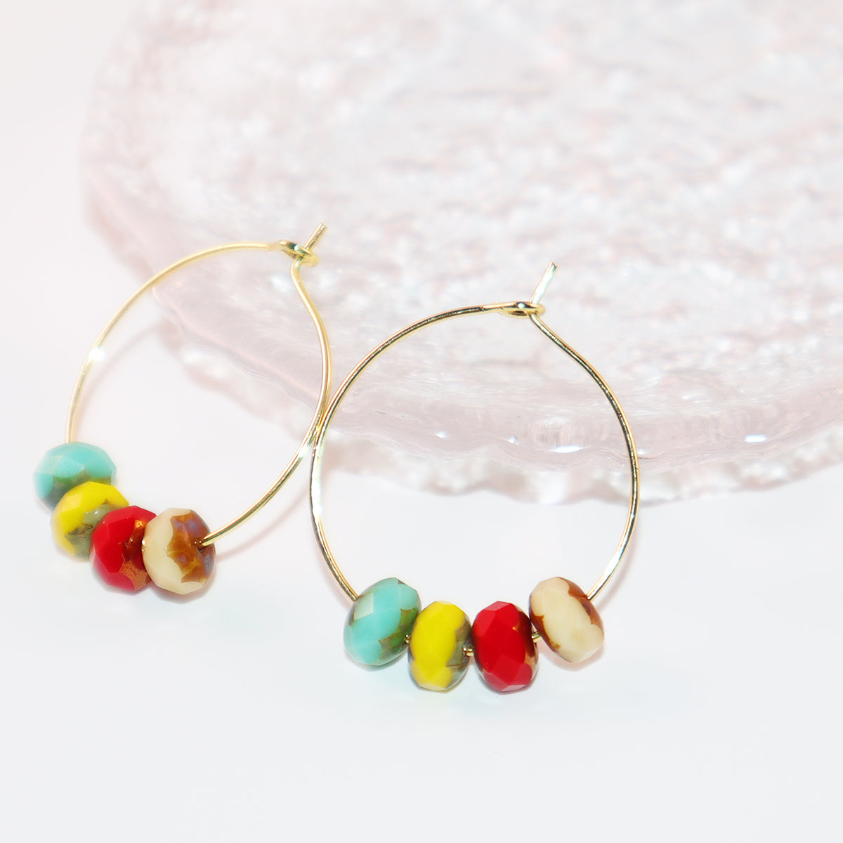 Handmade Hoop Earrings with Turquoise Yellow Red and Champagne Beads
