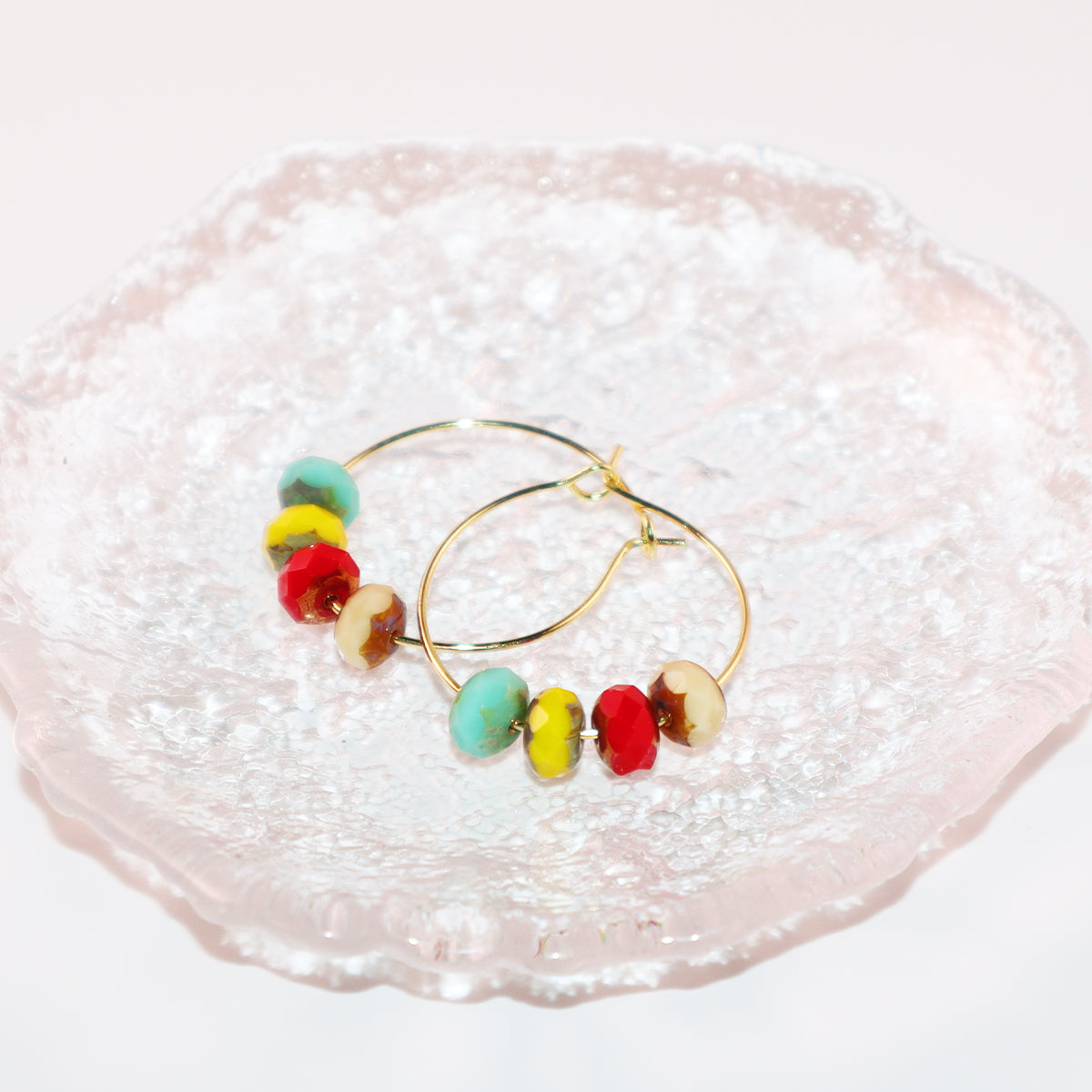 Handmade Hoop Earrings with Turquoise Yellow Red and Champagne Beads