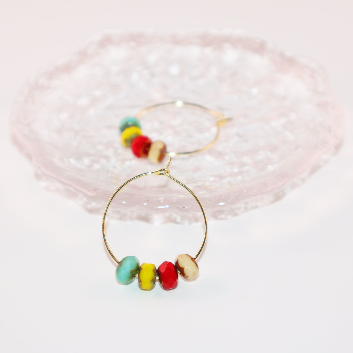 Handmade Hoop Earrings with Turquoise Yellow Red and Champagne Beads