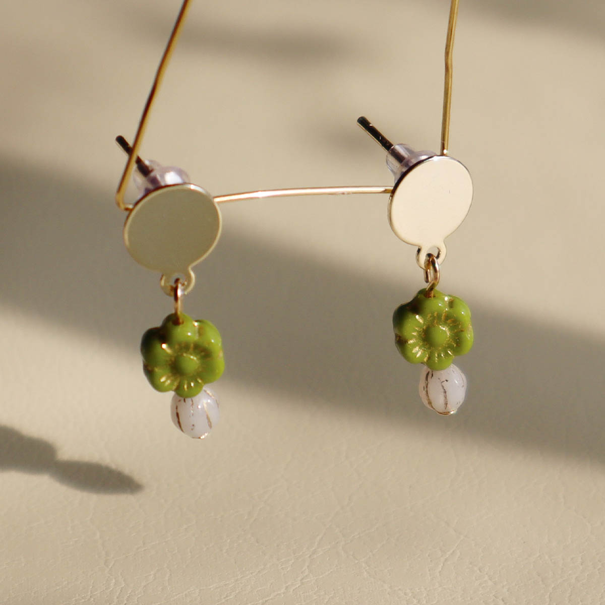 Mini Bead Stud Earrings – Green with White Beads