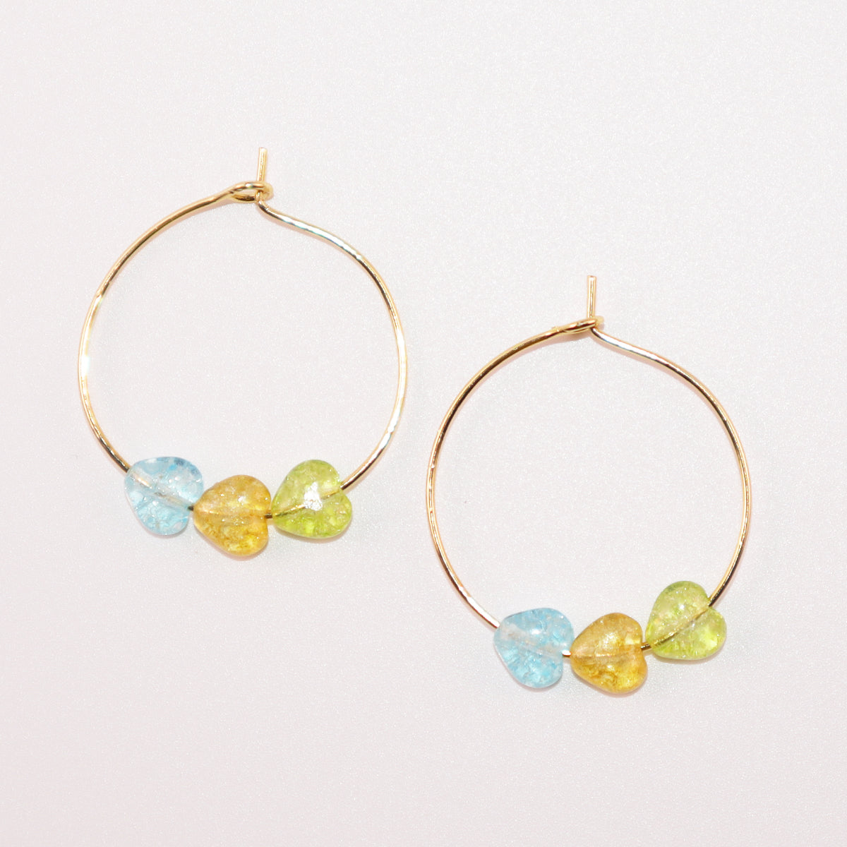 Multicolor Heart Hoop Earrings – Blue, Yellow, Green Beads