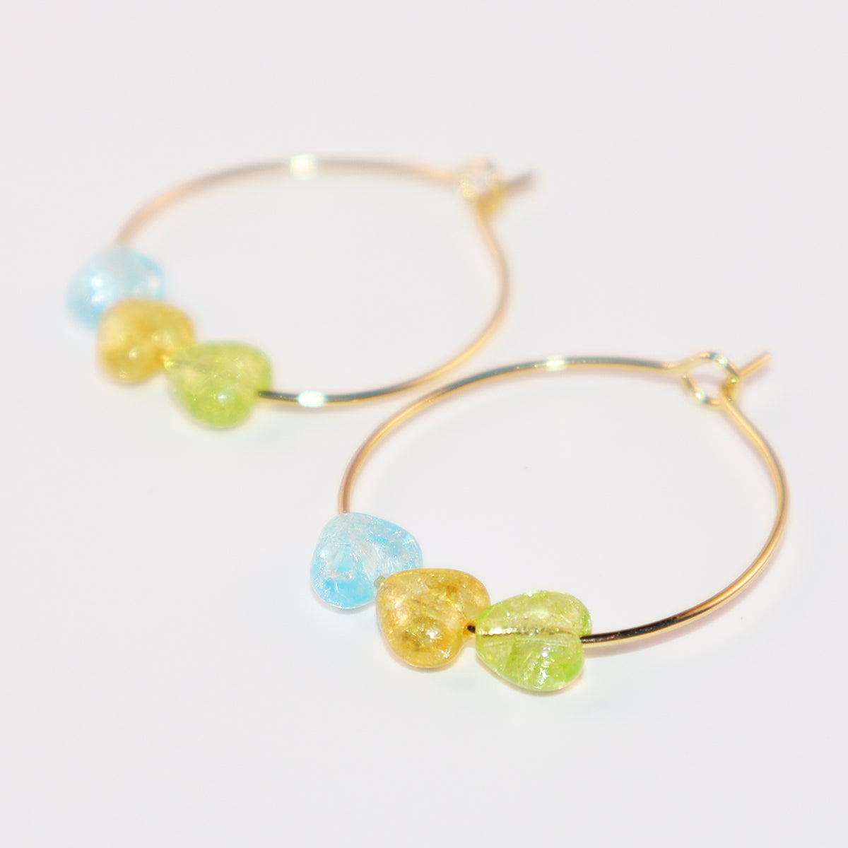 Multicolor Heart Hoop Earrings – Blue, Yellow, Green Beads