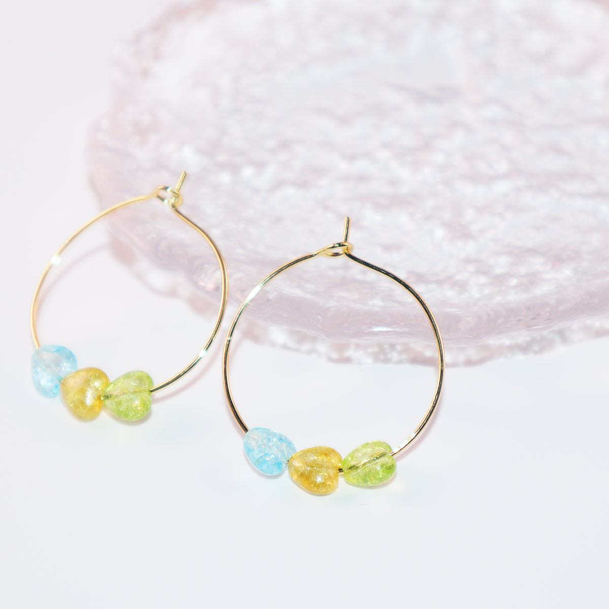 Multicolor Heart Hoop Earrings – Blue, Yellow, Green Beads