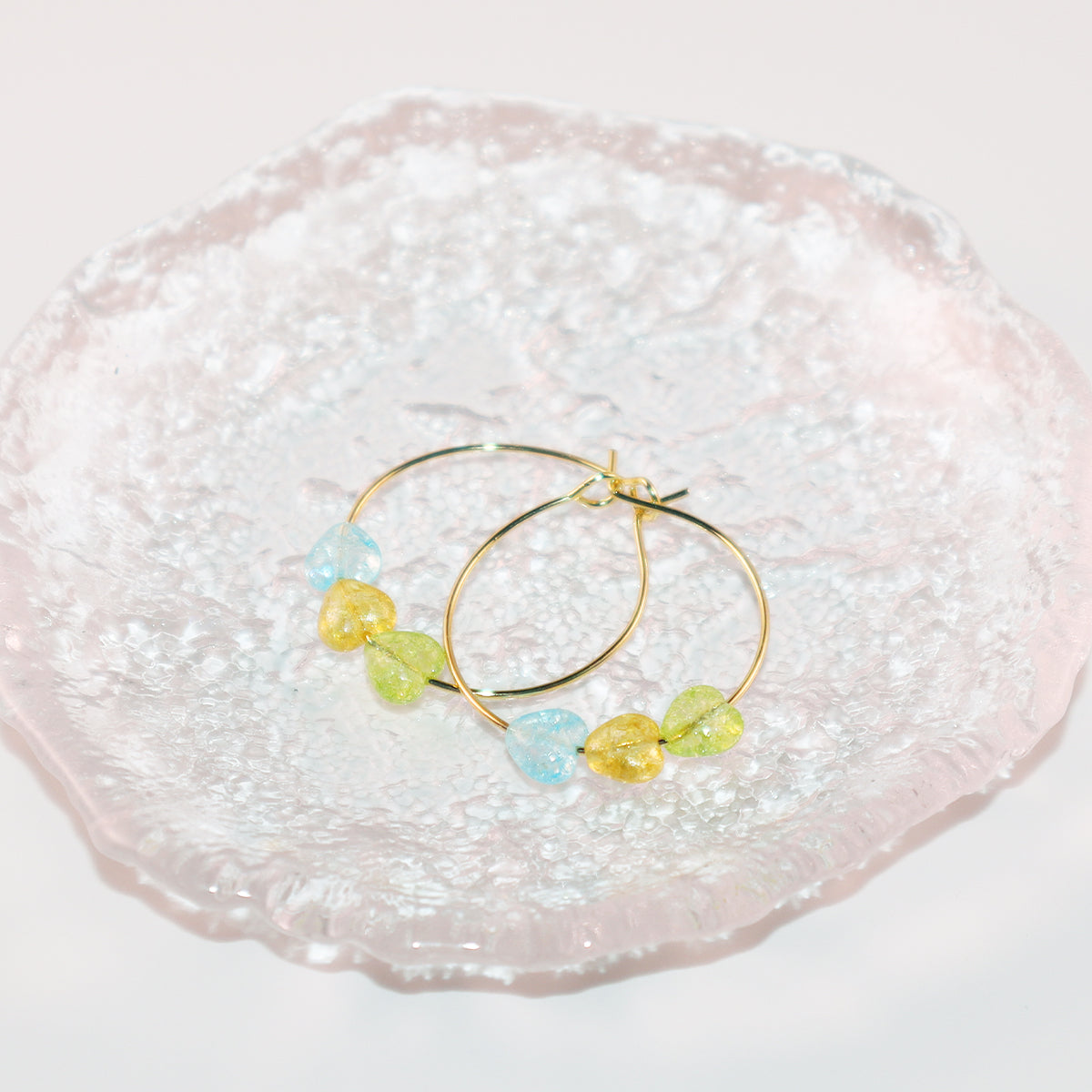 Multicolor Heart Hoop Earrings – Blue, Yellow, Green Beads