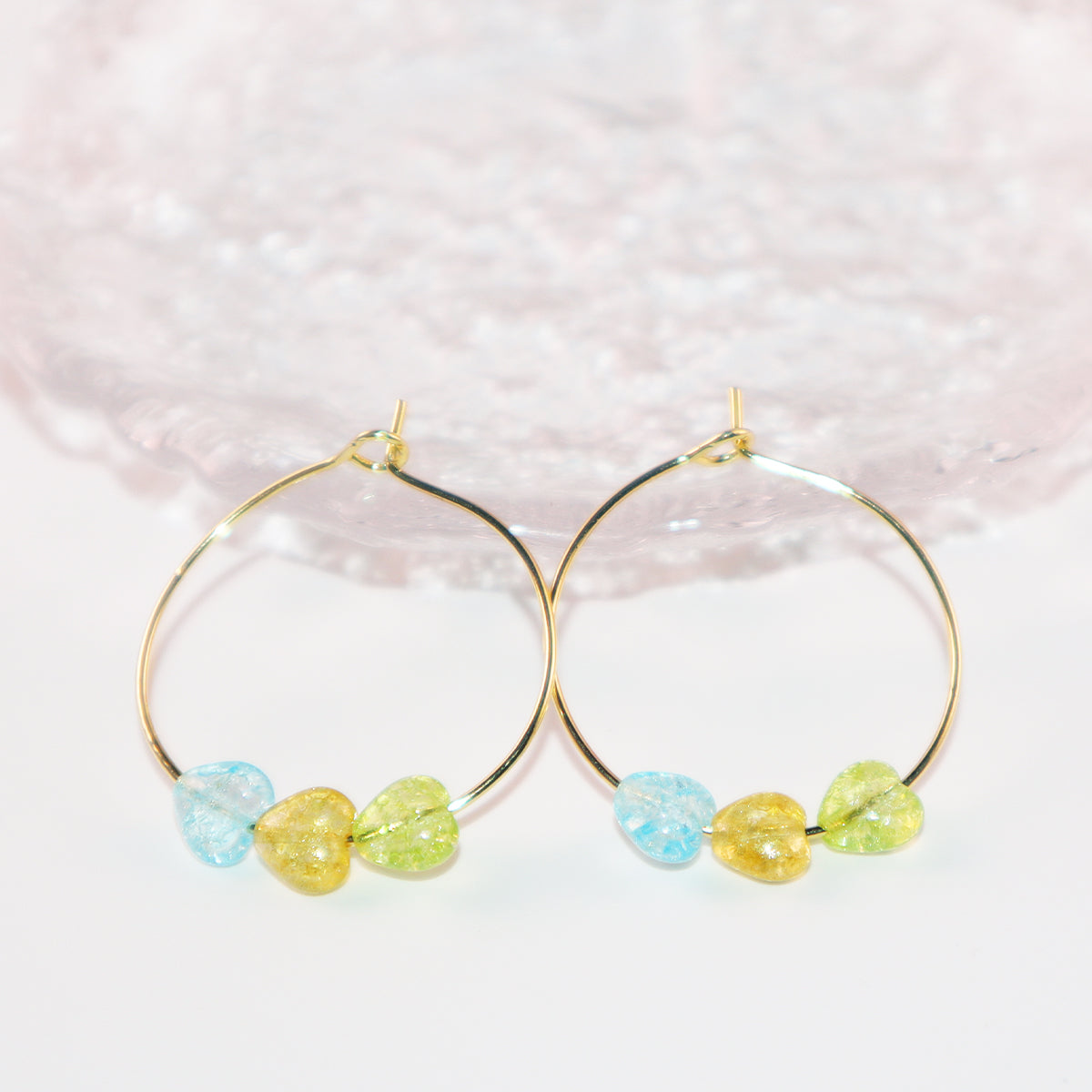 Multicolor Heart Hoop Earrings – Blue, Yellow, Green Beads