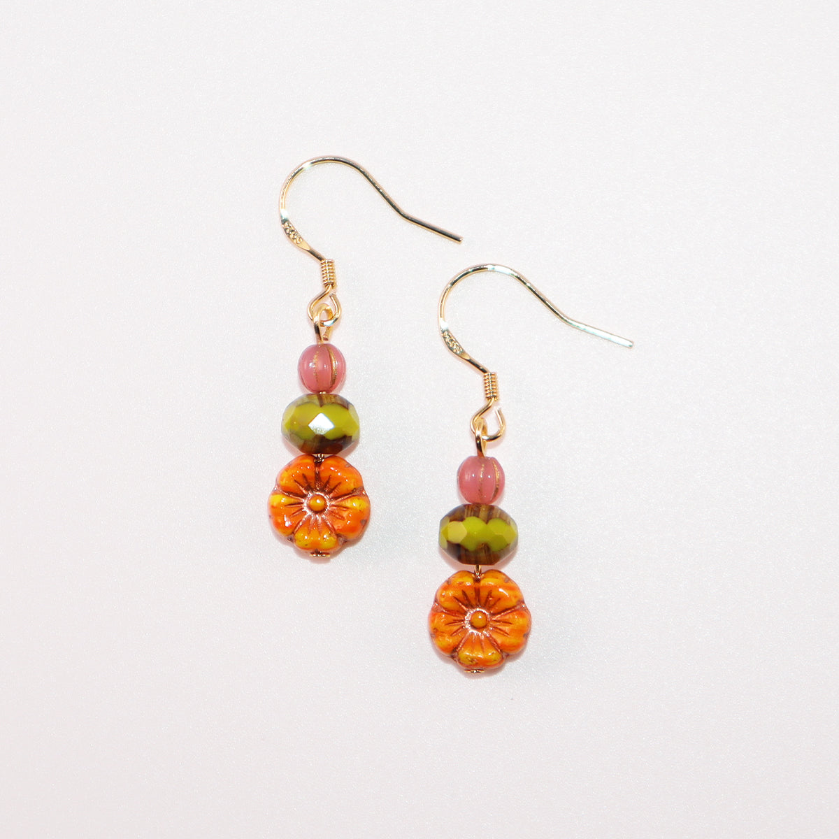 Orange Flower Beaded Earrings – Orange, Pink, Green Beads