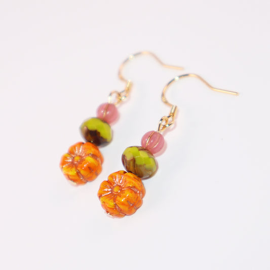 Orange Flower Beaded Earrings – Orange, Pink, Green Beads