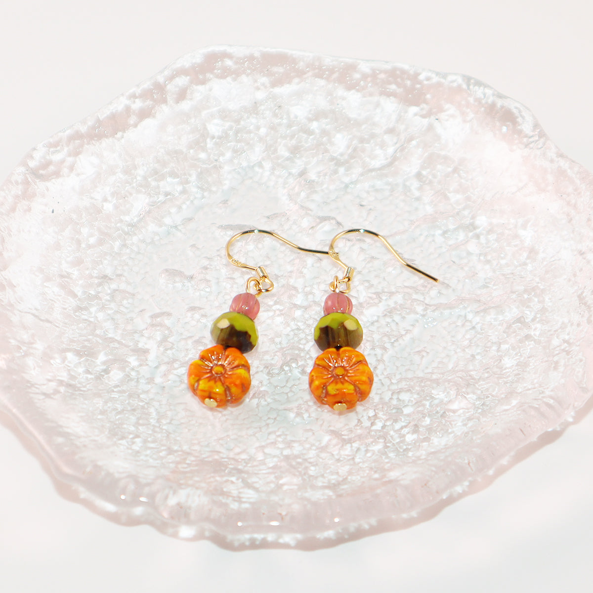 Orange Flower Beaded Earrings – Orange, Pink, Green Beads