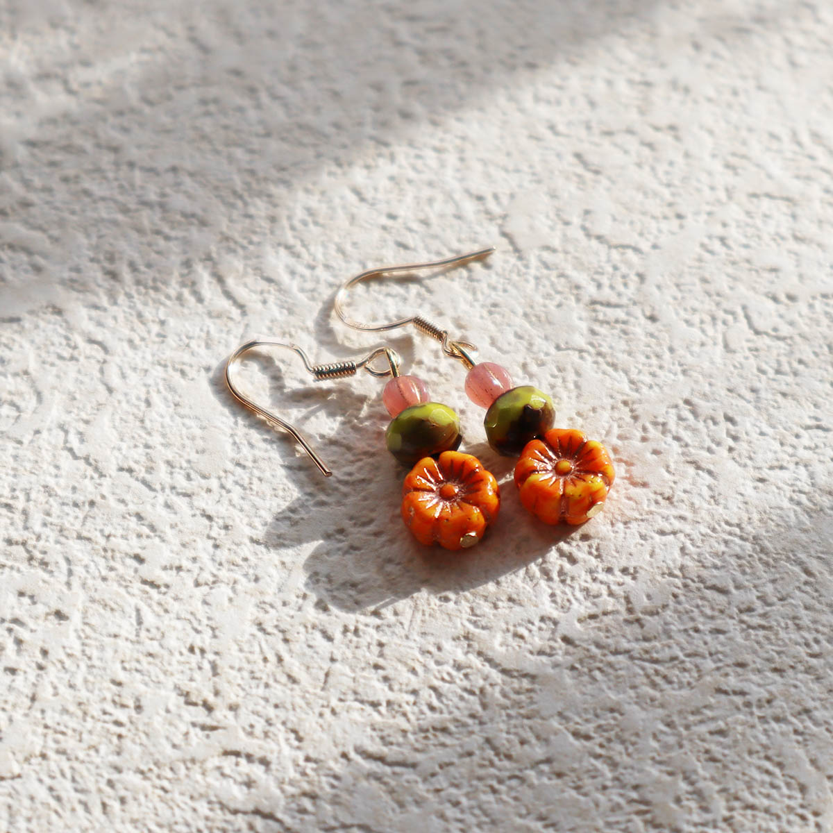 Orange Flower Beaded Earrings – Orange, Pink, Green Beads
