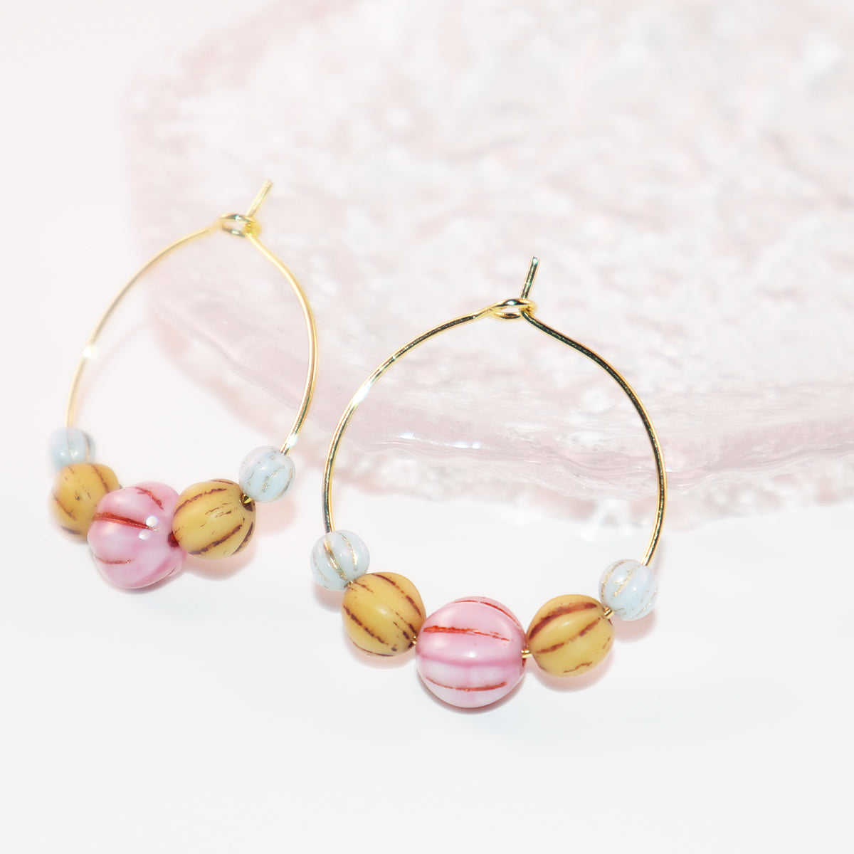 Pink Bead Hoop Earrings – Light Blue and Brown Beads