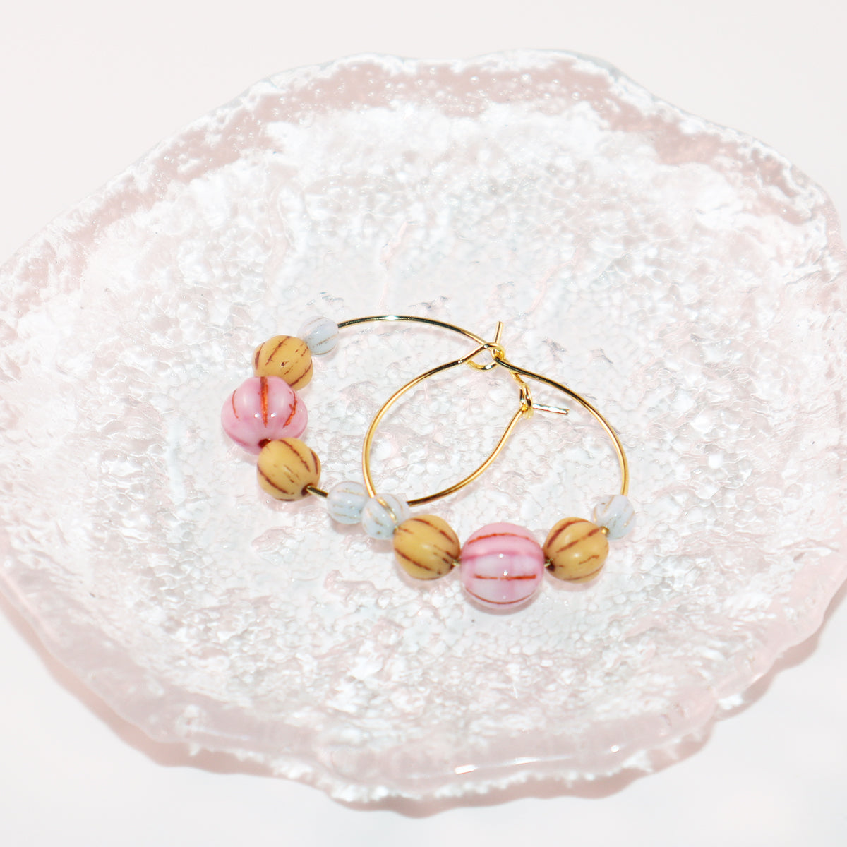 Pink Bead Hoop Earrings – Light Blue and Brown Beads