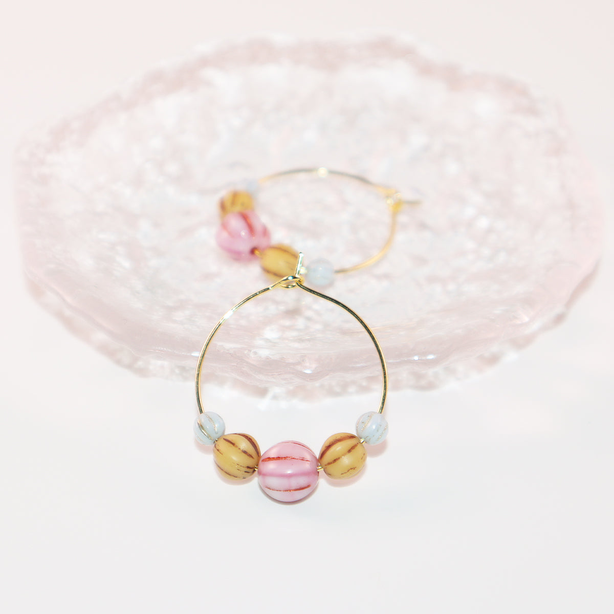 Pink Bead Hoop Earrings – Light Blue and Brown Beads