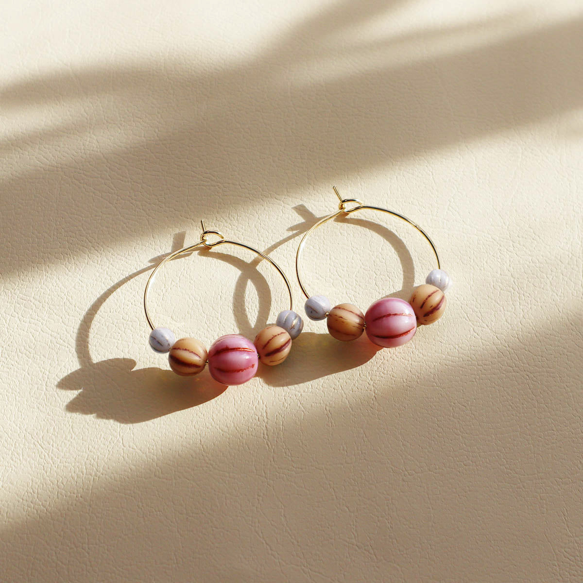 Pink Bead Hoop Earrings – Light Blue and Brown Beads