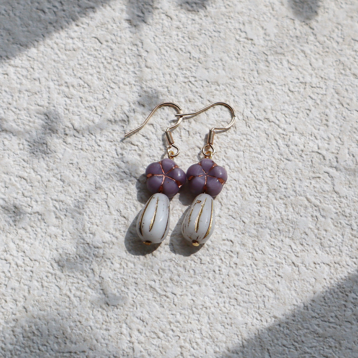 Purple Beaded Earrings – Purple Floral and White Glass Beads