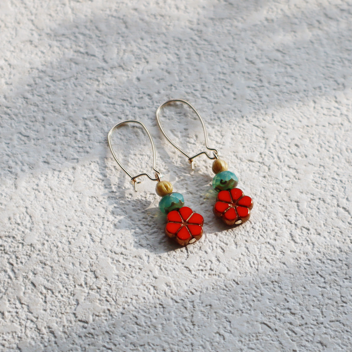 Red Floral Beaded Earrings – Colorful Triple Bead Design