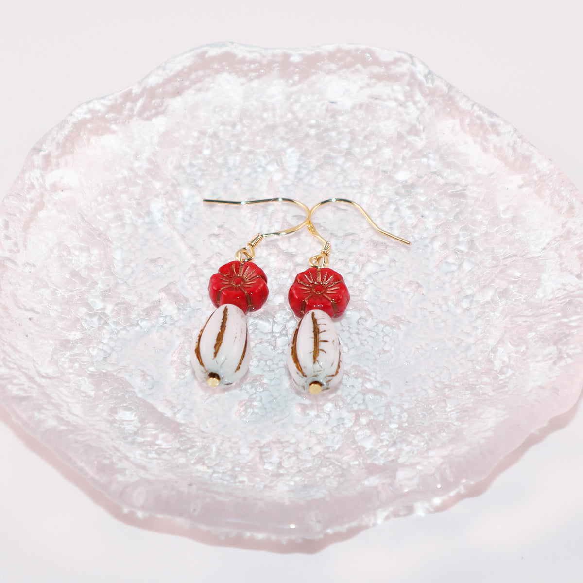 Red Flower Beaded Earrings – Red Flower and White Beads