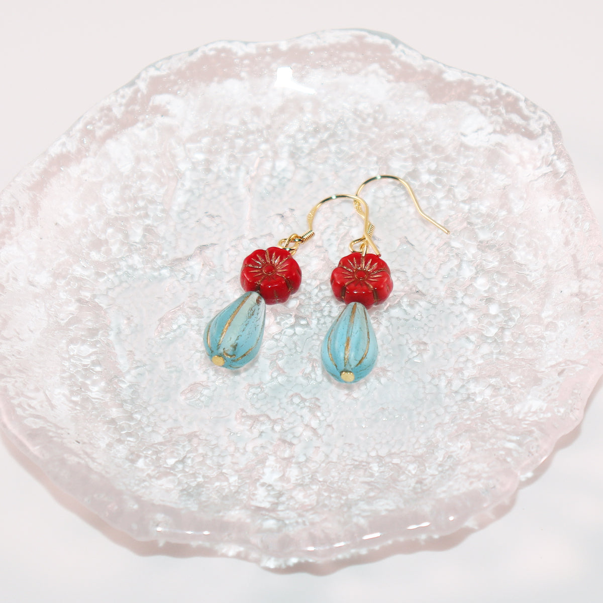 Red Floral Beaded Earrings – Red Flower with Blue Beads