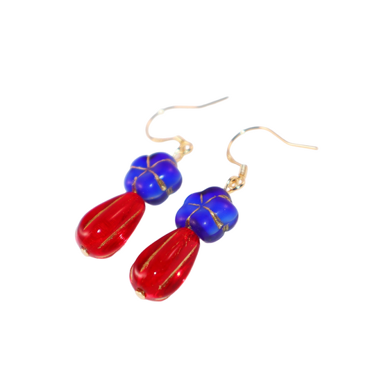 Royal Blue Flower Beaded Earrings – Royal Blue and Red Beads