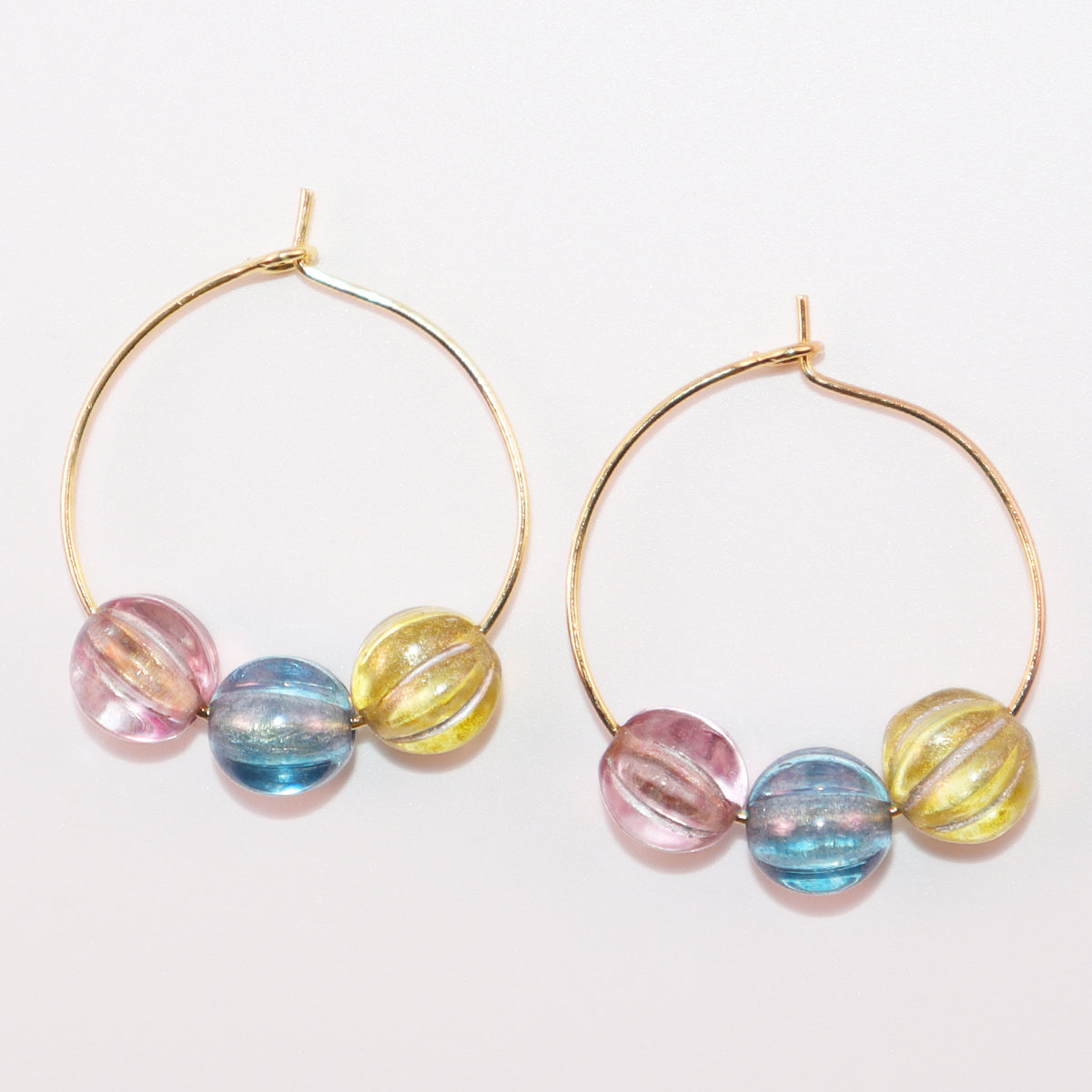 Three-Tone Bead Hoop Earrings – Misty Pink, Blue, Yellow