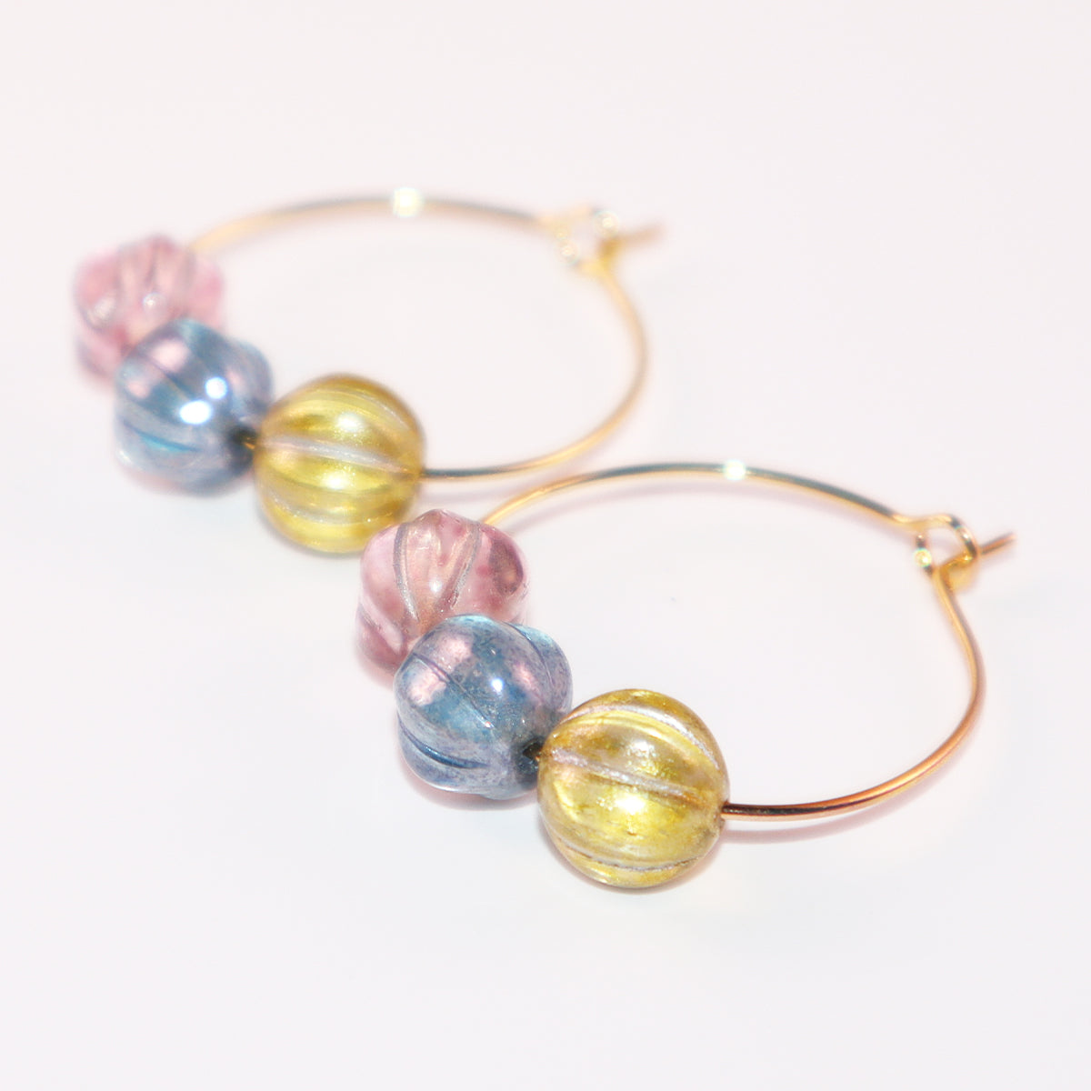 Three-Tone Bead Hoop Earrings – Misty Pink, Blue, Yellow
