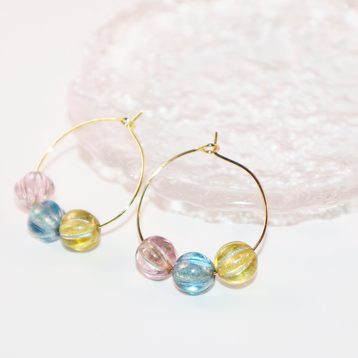 Three-Tone Bead Hoop Earrings – Misty Pink, Blue, Yellow
