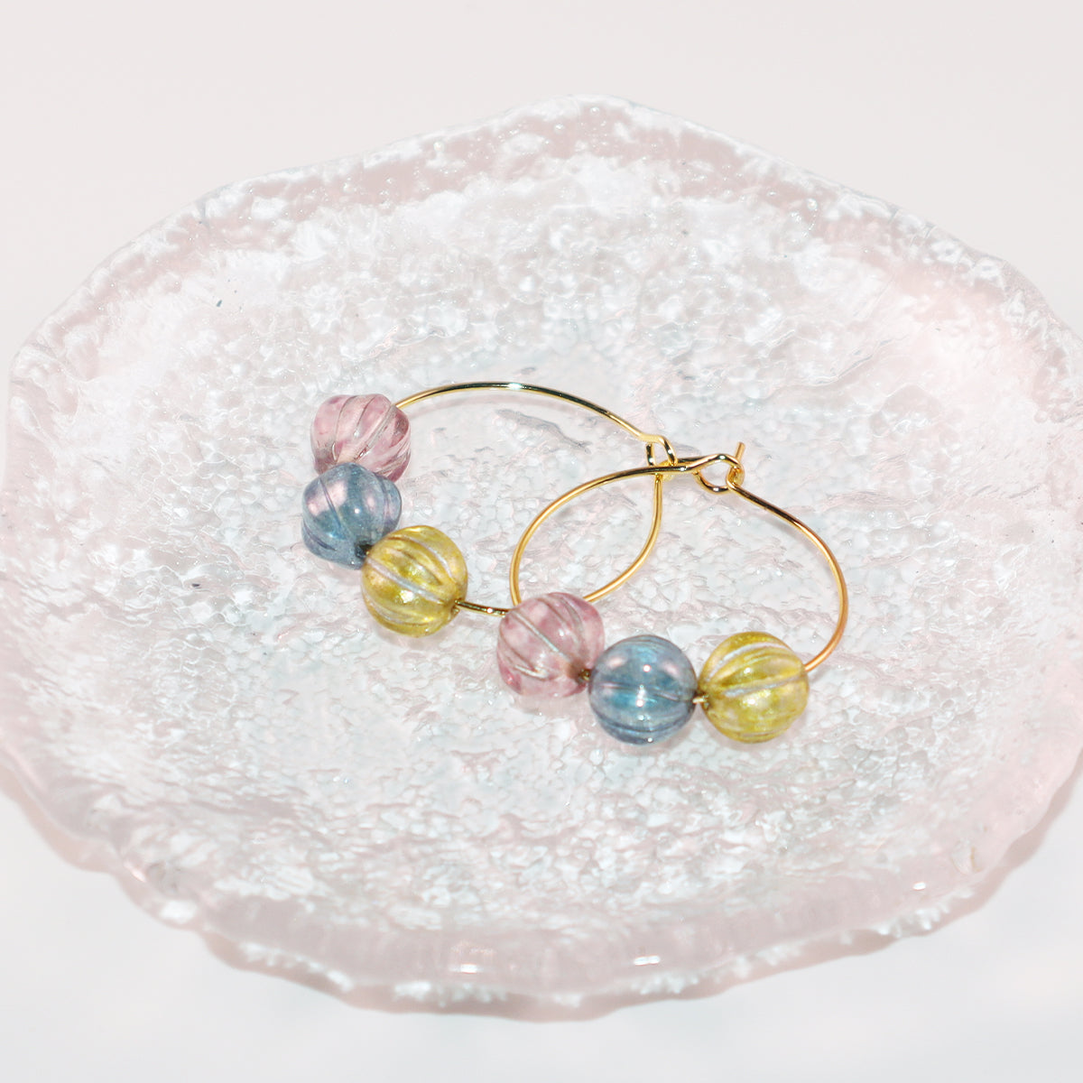 Three-Tone Bead Hoop Earrings – Misty Pink, Blue, Yellow