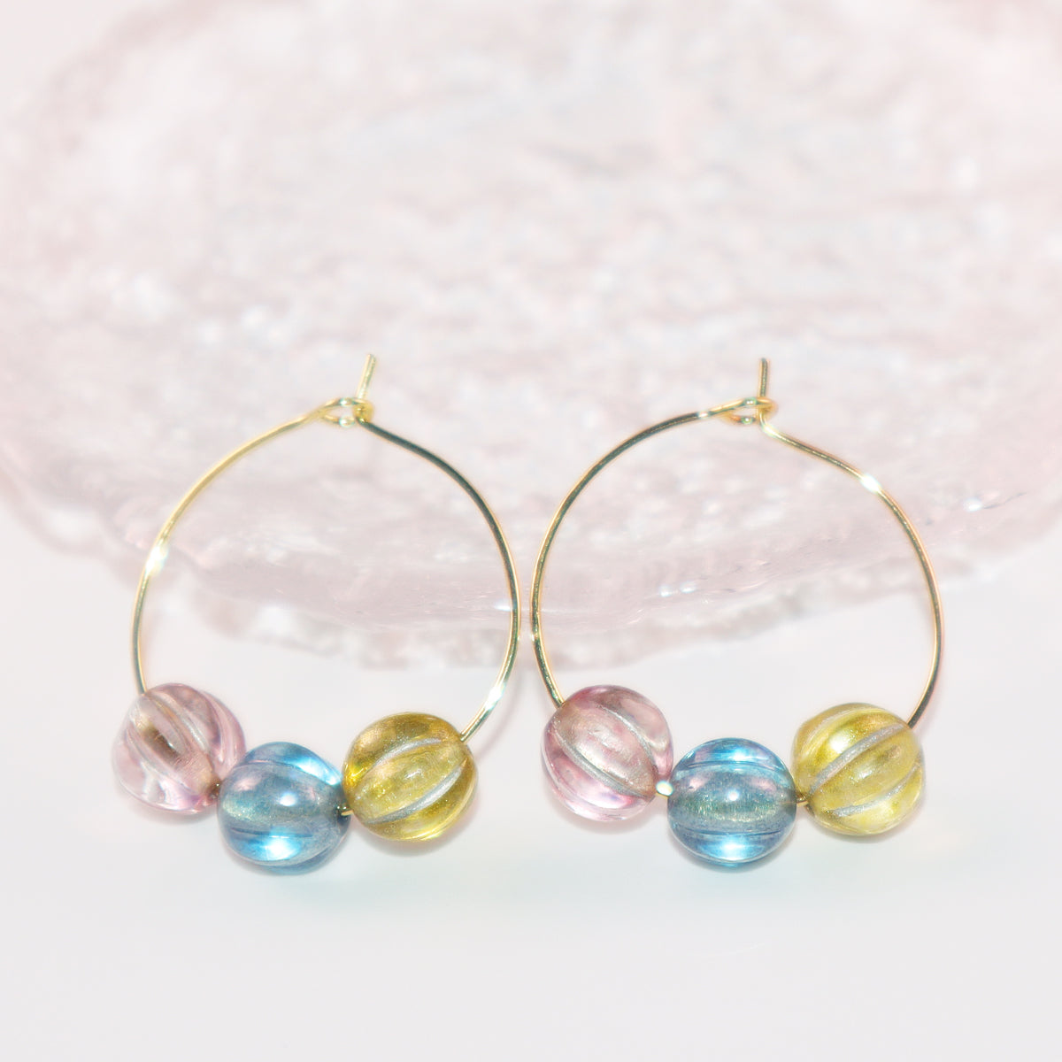 Three-Tone Bead Hoop Earrings – Misty Pink, Blue, Yellow