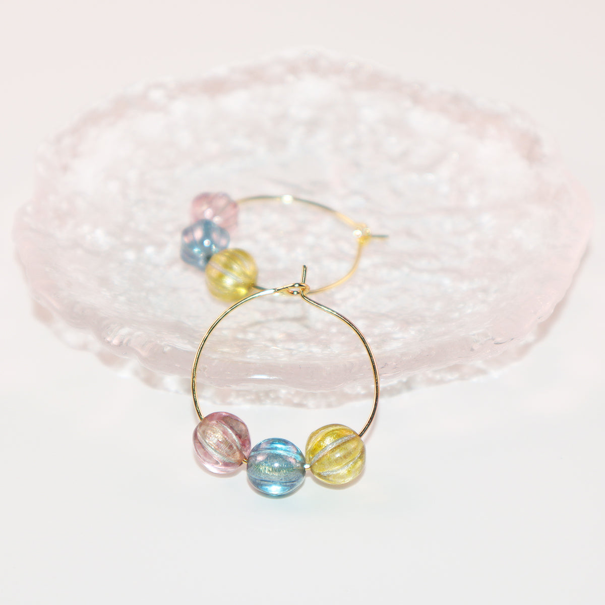 Three-Tone Bead Hoop Earrings – Misty Pink, Blue, Yellow