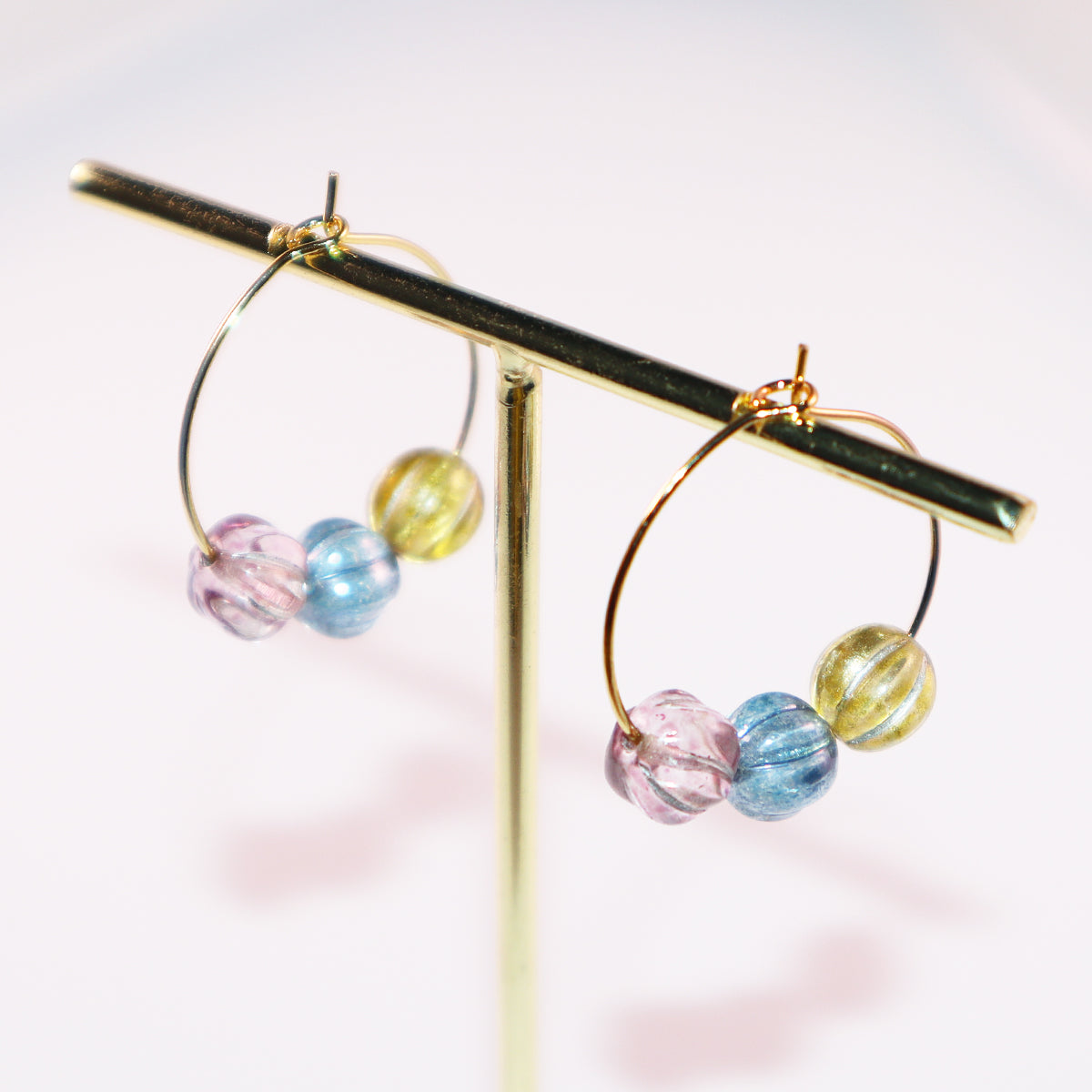 Three-Tone Bead Hoop Earrings – Misty Pink, Blue, Yellow