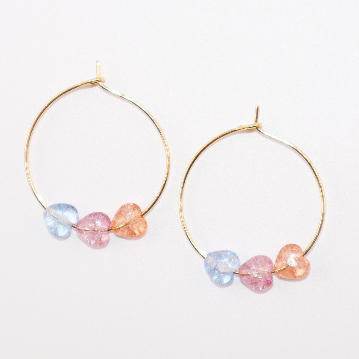 Three-Tone Heart Hoop Earrings – Pink, Blue, Orange Beads