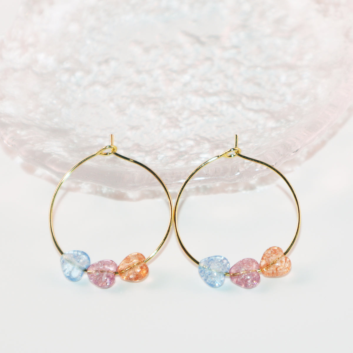 Three-Tone Heart Hoop Earrings – Pink, Blue, Orange Beads