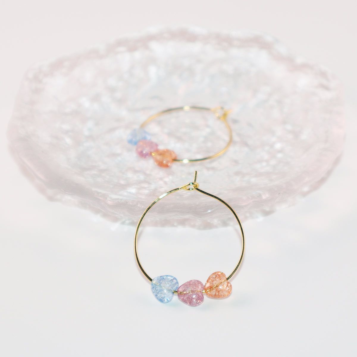 Three-Tone Heart Hoop Earrings – Pink, Blue, Orange Beads