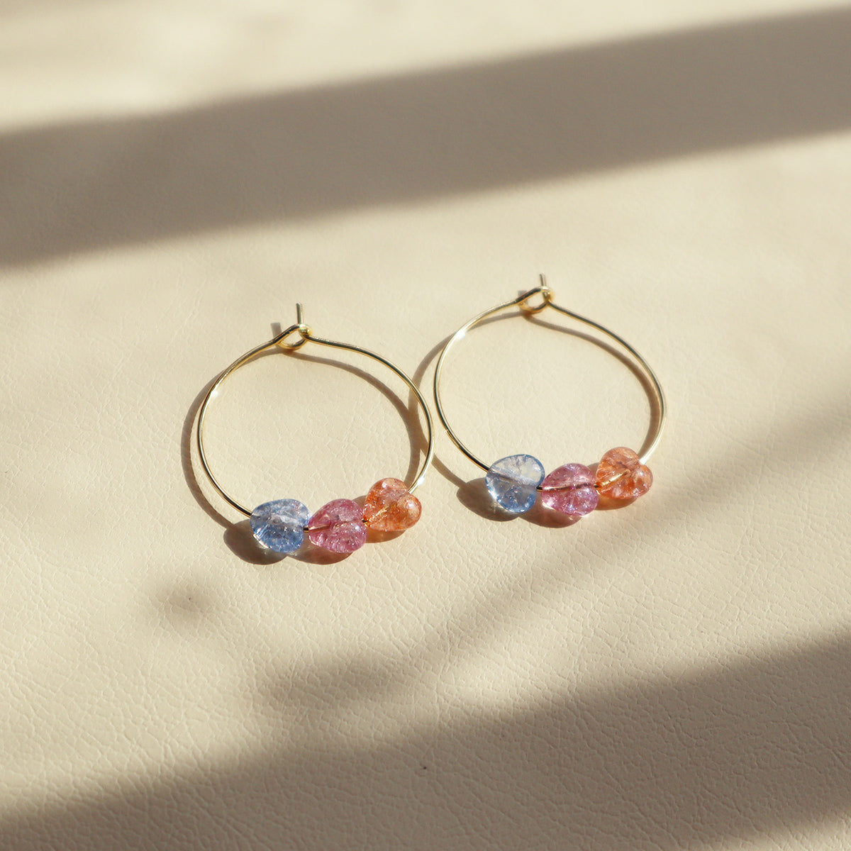 Three-Tone Heart Hoop Earrings – Pink, Blue, Orange Beads