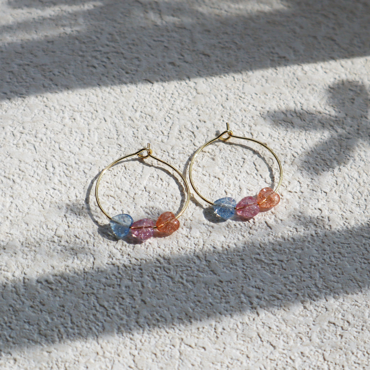 Three-Tone Heart Hoop Earrings – Pink, Blue, Orange Beads