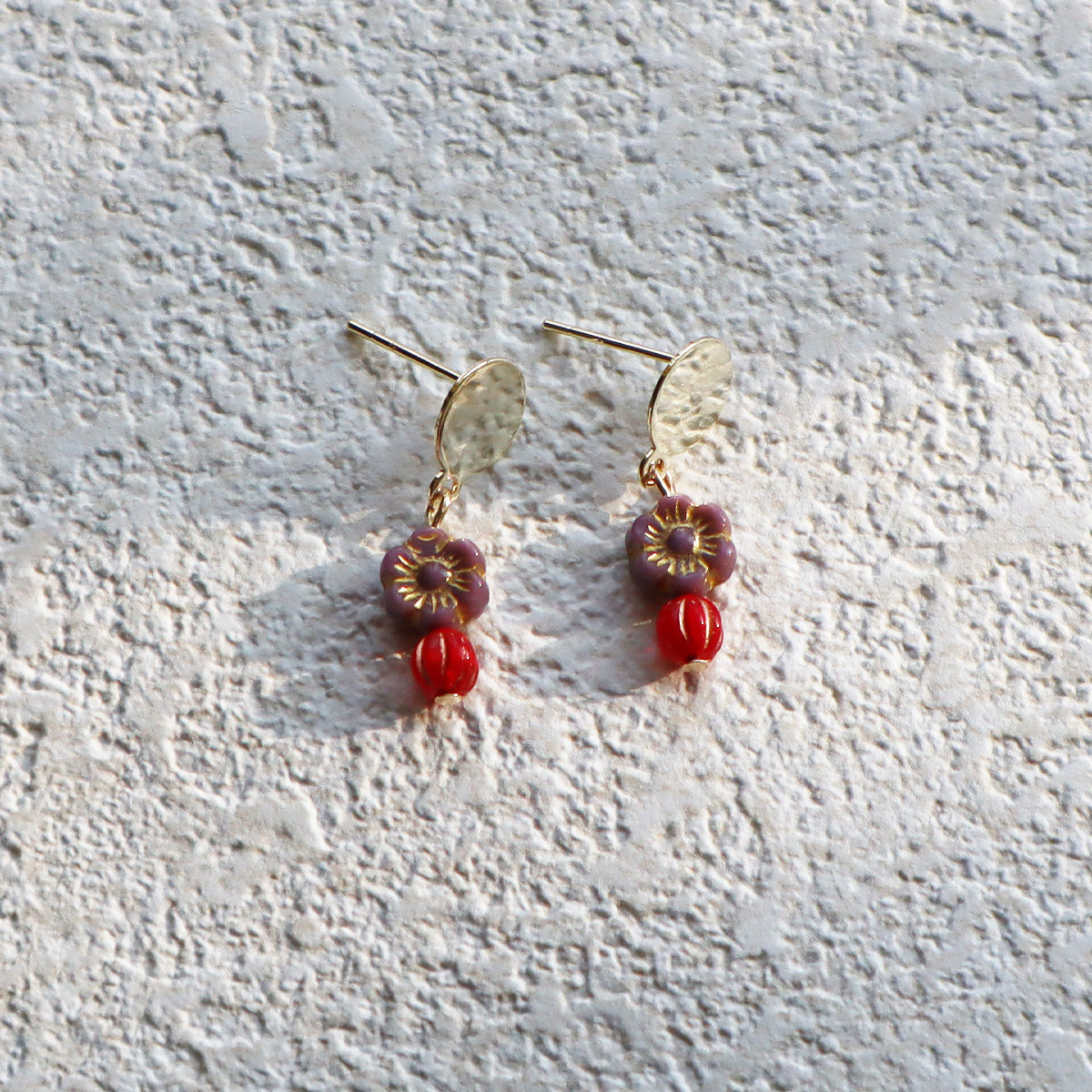 Tiny Beaded Stud Earrings – Red and Purple Mini Beads