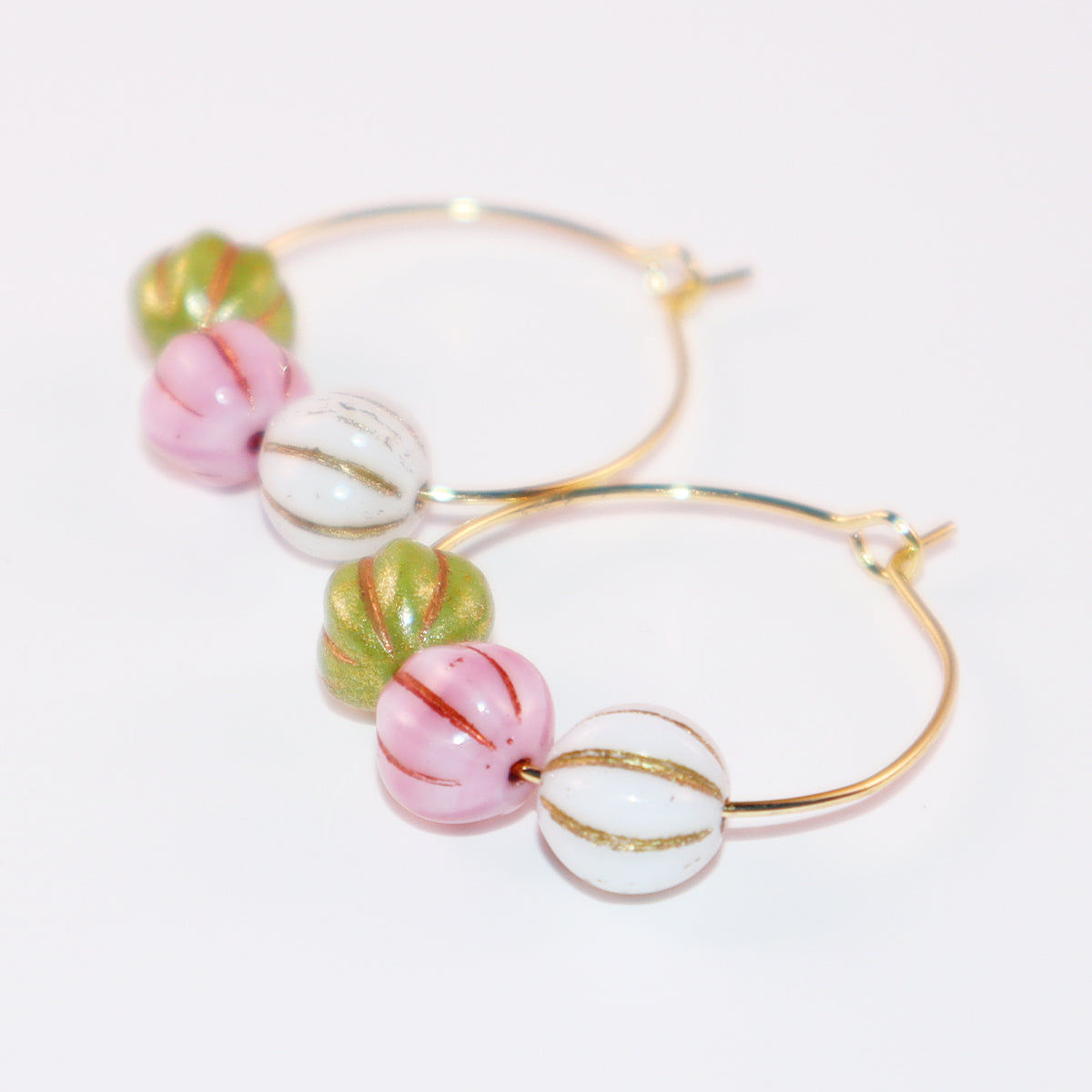 Trio Color Bead Hoop Earrings – Green, Pink, and White Beads