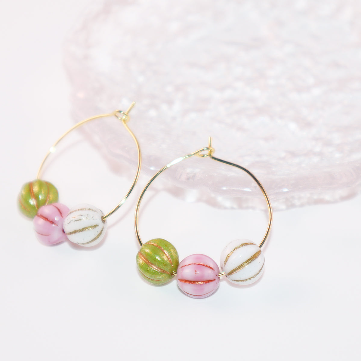 Trio Color Bead Hoop Earrings – Green, Pink, and White Beads