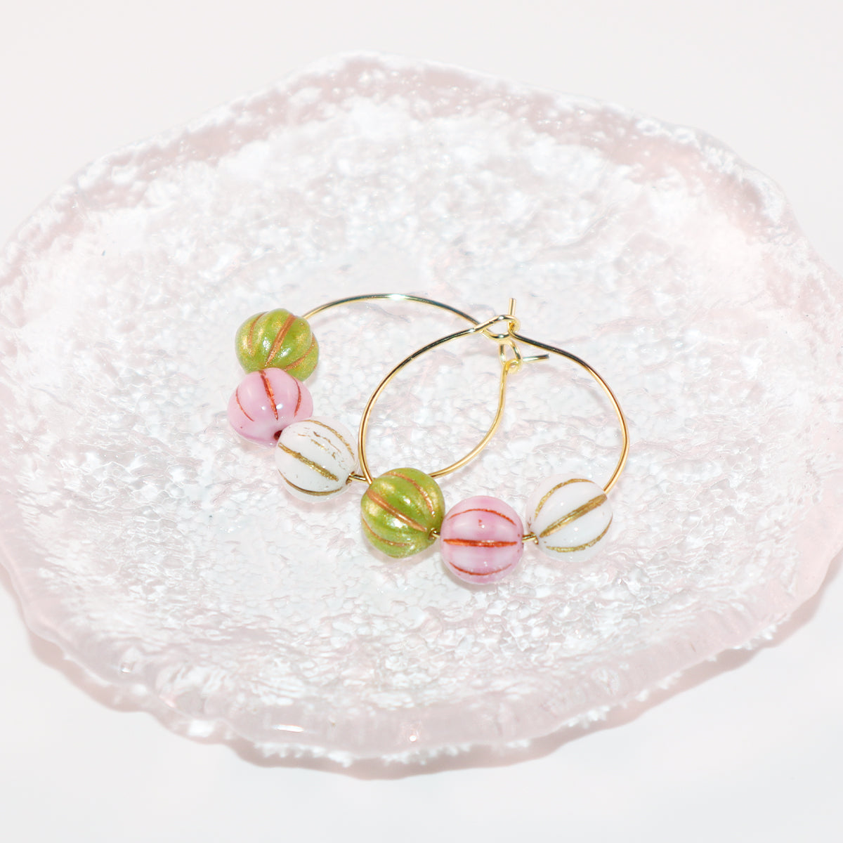 Trio Color Bead Hoop Earrings – Green, Pink, and White Beads