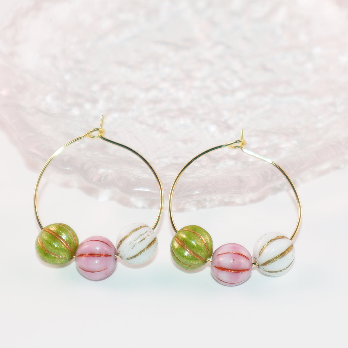 Trio Color Bead Hoop Earrings – Green, Pink, and White Beads