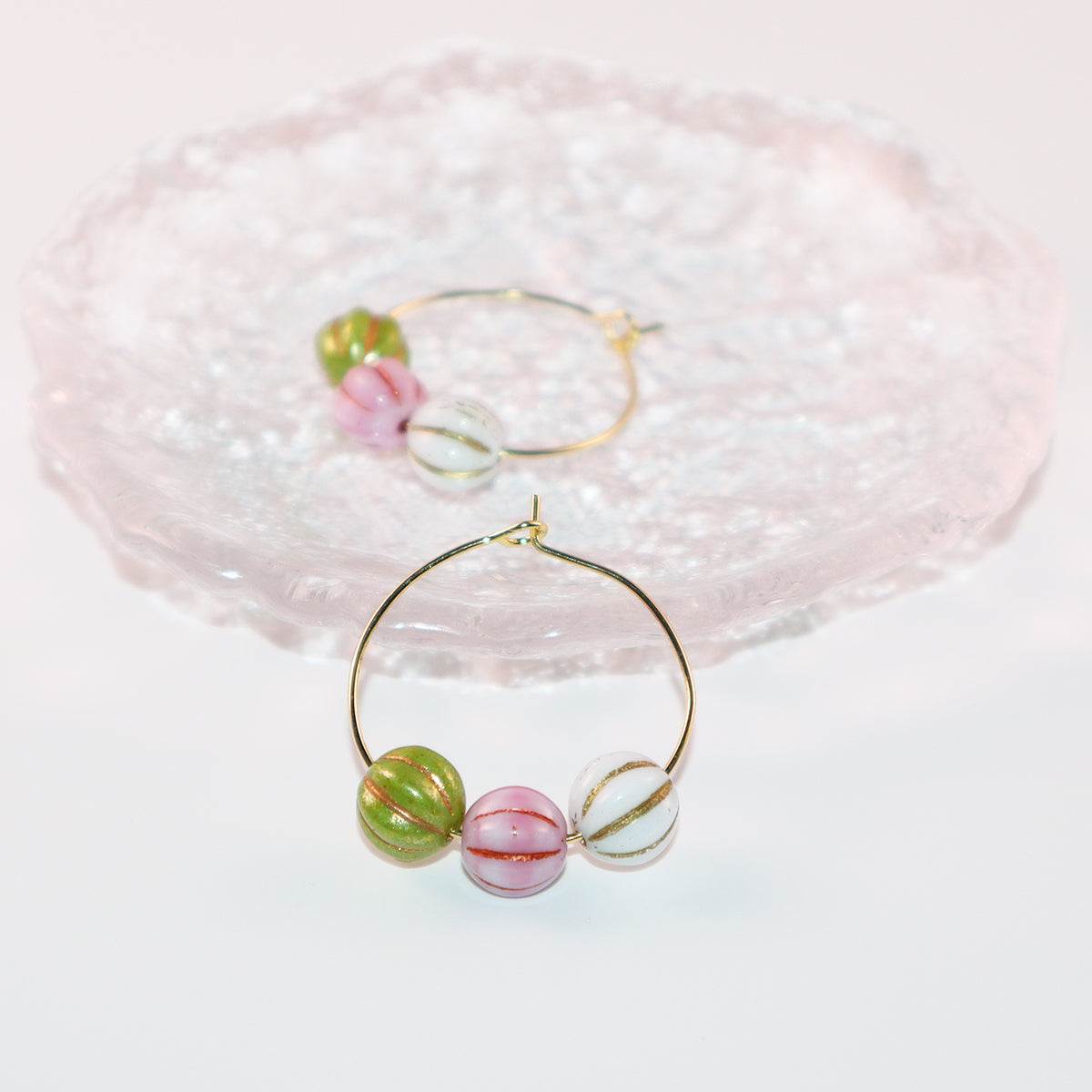 Trio Color Bead Hoop Earrings – Green, Pink, and White Beads