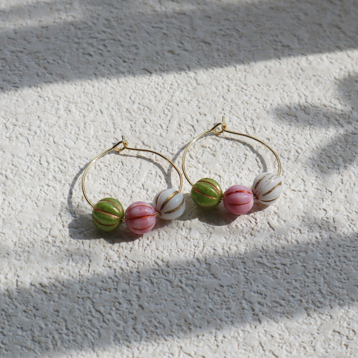 Trio Color Bead Hoop Earrings – Green, Pink, and White Beads