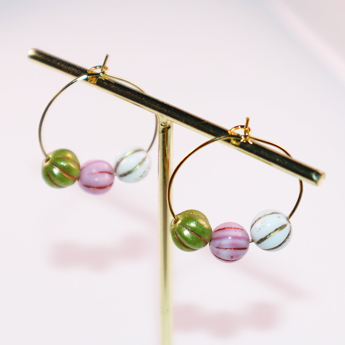 Trio Color Bead Hoop Earrings – Green, Pink, and White Beads