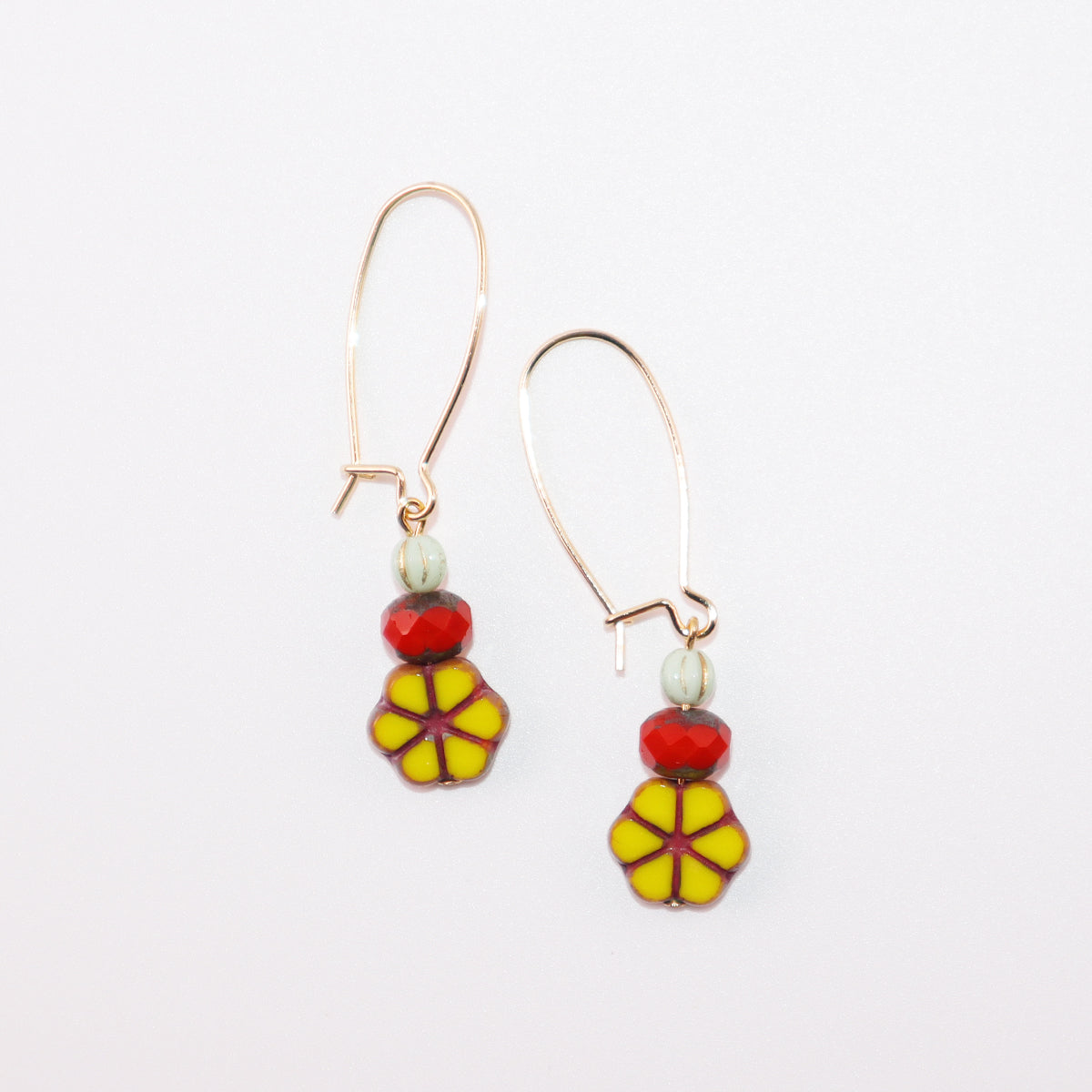 Yellow Flower Beaded Earrings – Red and Mint Beads