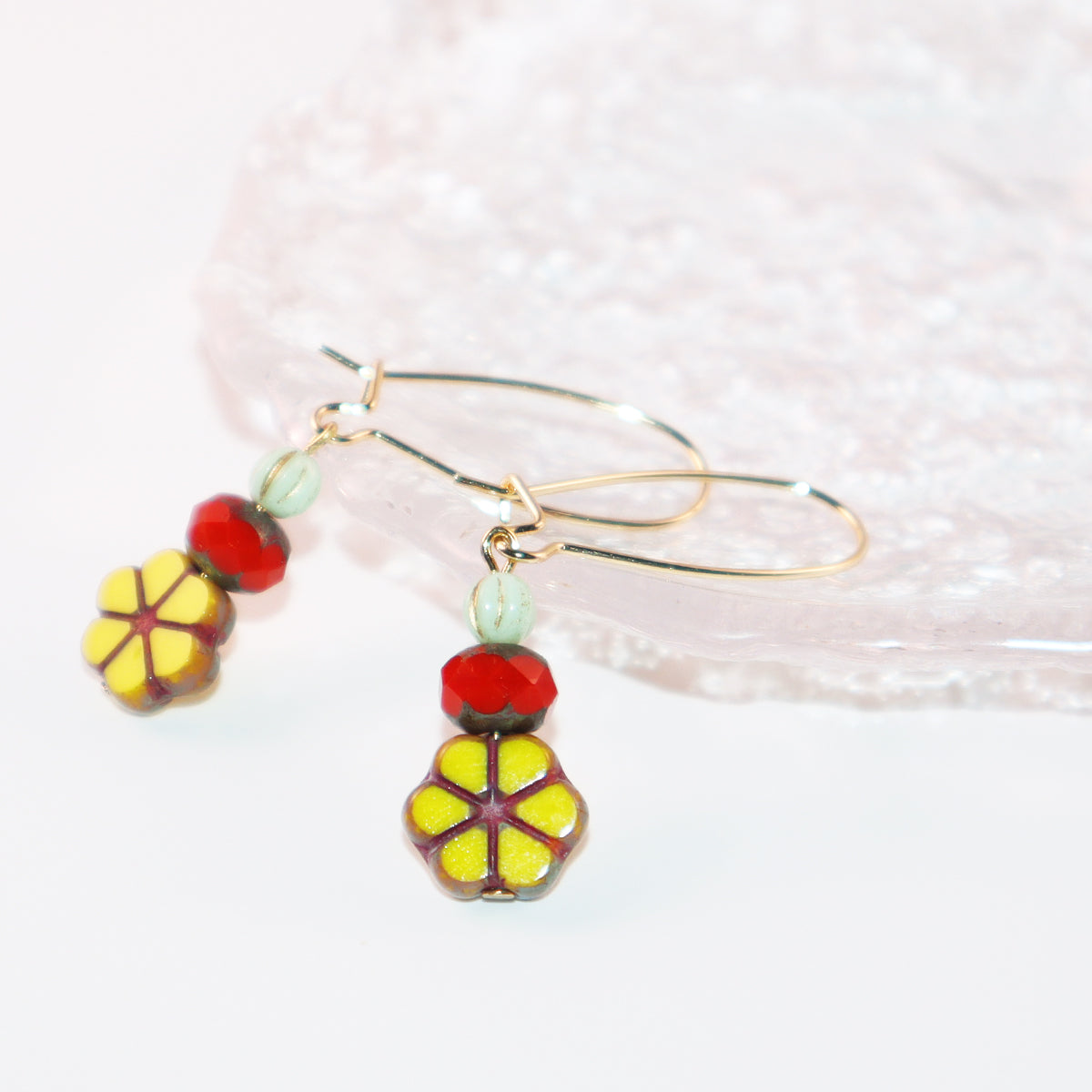 Yellow Flower Beaded Earrings – Red and Mint Beads