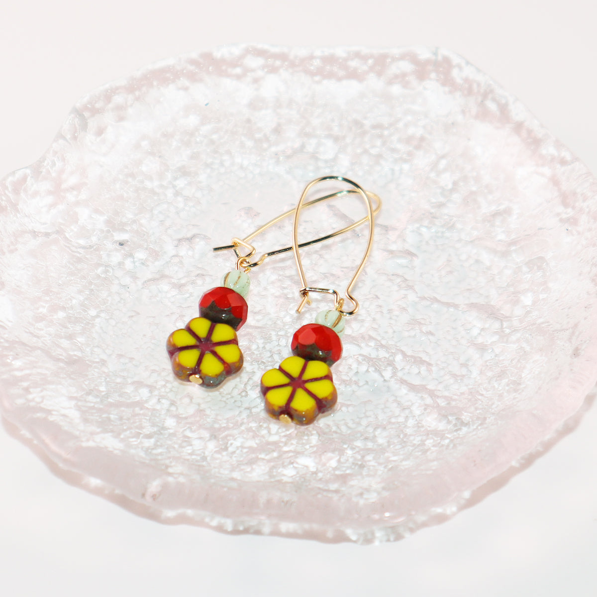 Yellow Flower Beaded Earrings – Red and Mint Beads
