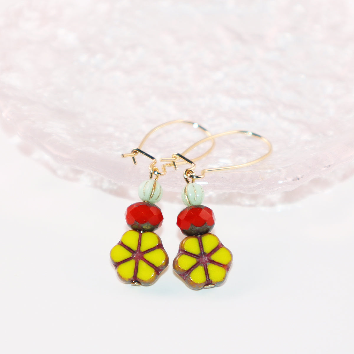Yellow Flower Beaded Earrings – Red and Mint Beads