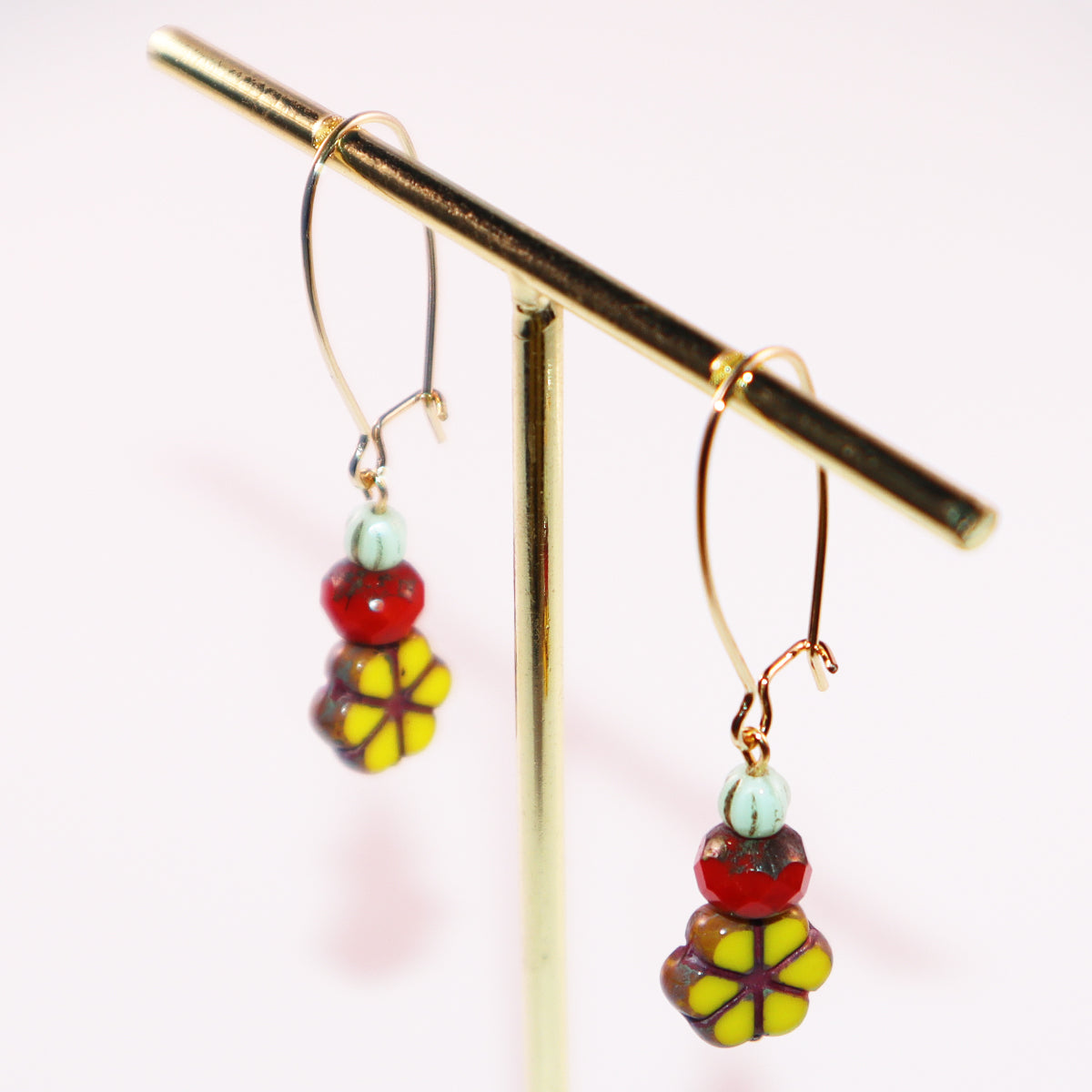 Yellow Flower Beaded Earrings – Red and Mint Beads