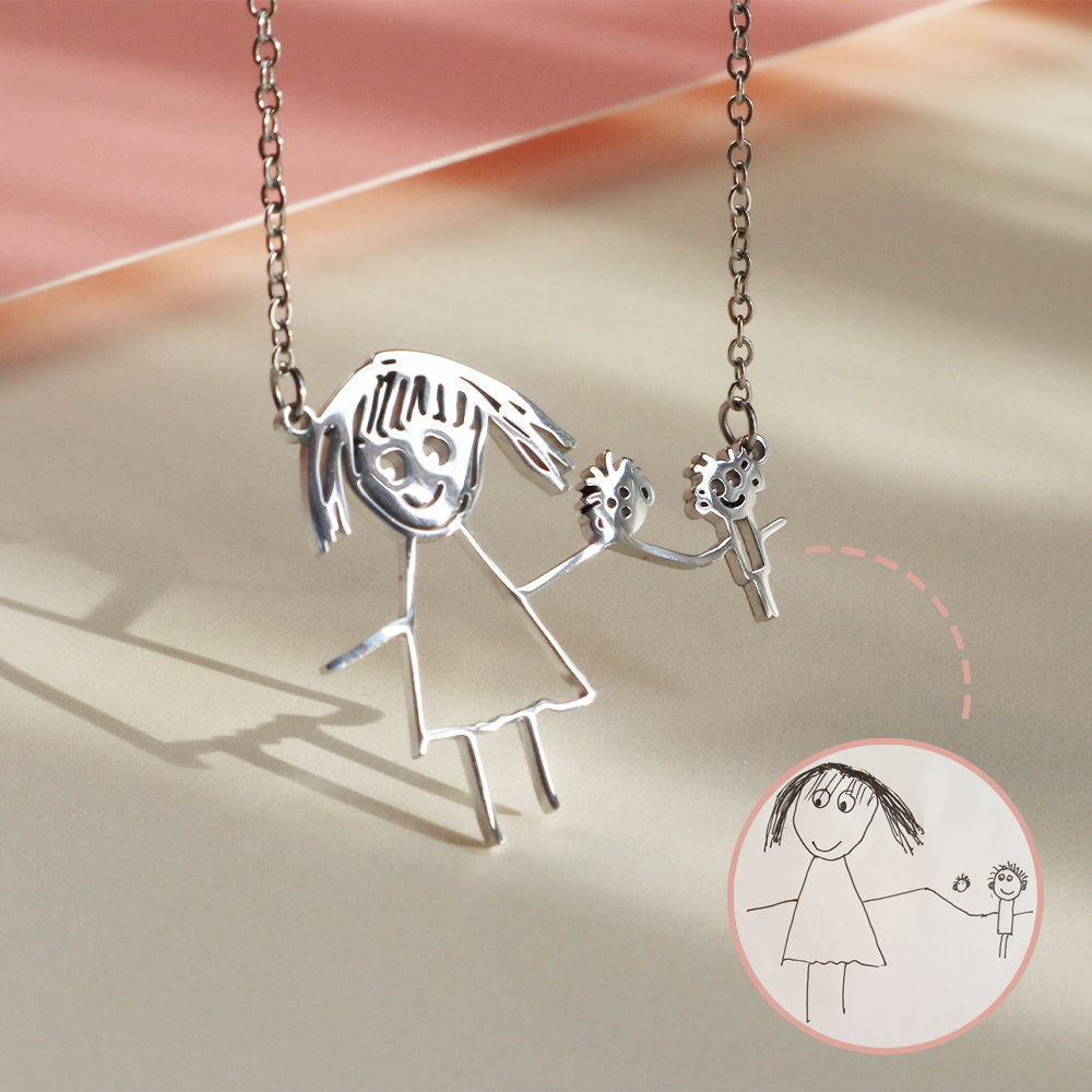 Personalized Silver Necklace with Kids' Art Unique Gifts for Moms and Dads