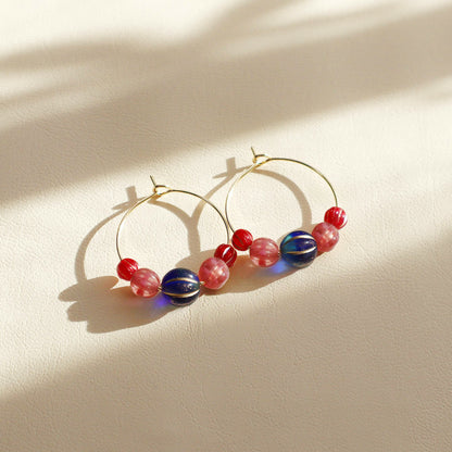 Hoop Earrings – Royal Blue Bead with Pink and Red Beads