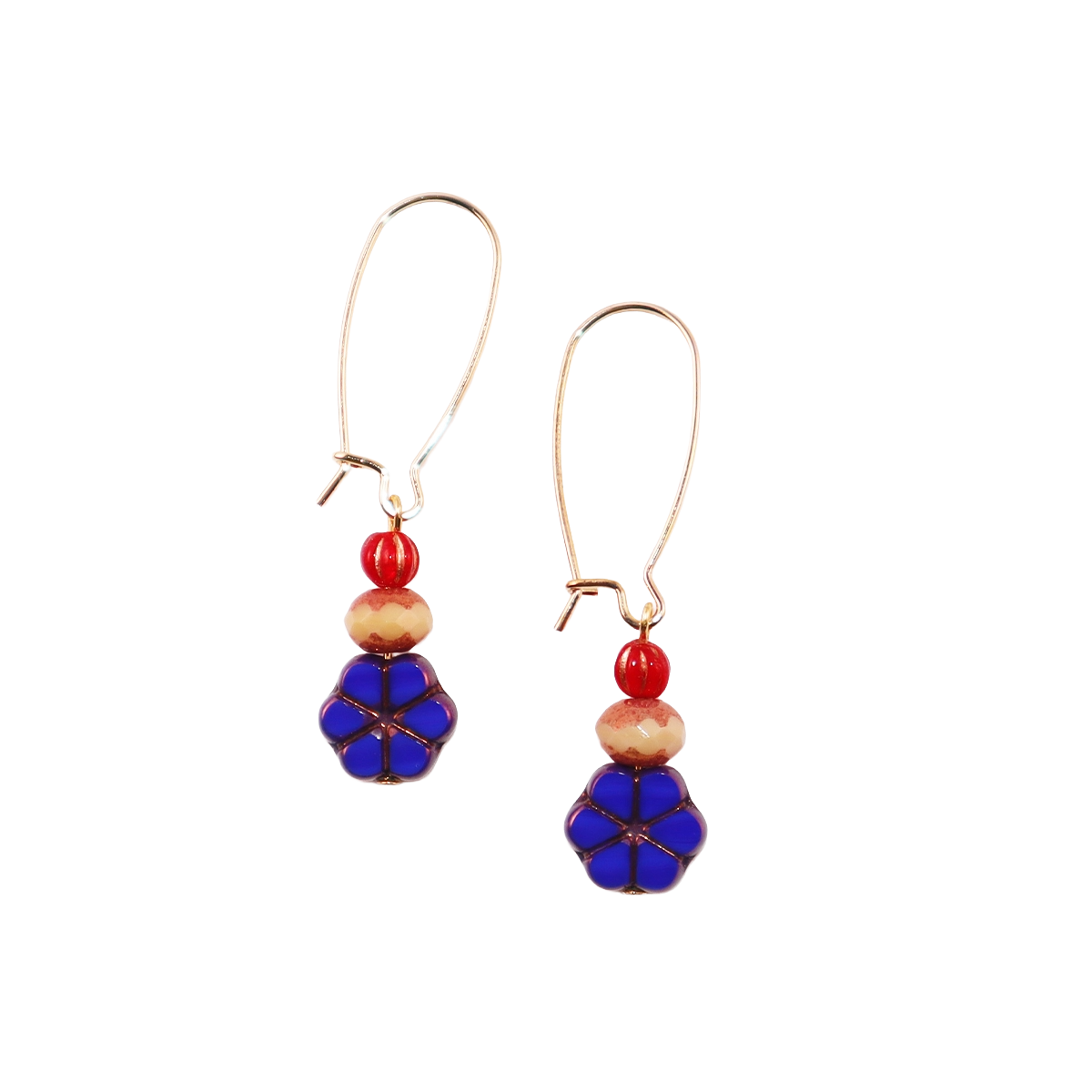 Blue Flower Beaded Earrings – Champagne and Red Beads